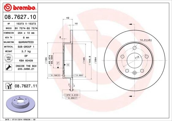 BREMBO 08.7627.11 Brake rotor 264x10mm, 5, solid, Coated