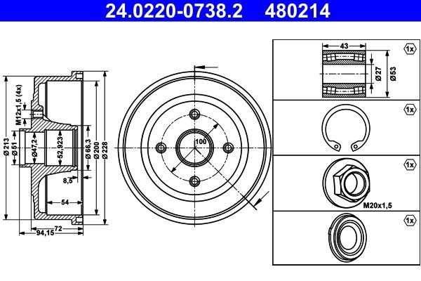 ATE 24.0220-0738.2 Coppia tamburi freno con cuscinetto ruota, senza anello sensore ABS, 228,0mm Opel di qualità originale