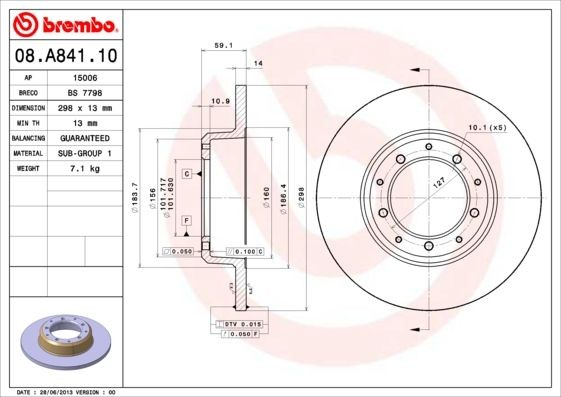 BREMBO 08.A841.10 Brake disc 298x14mm, 5, solid