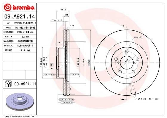 BREMBO 293x24mm, 5, internally vented Ø: 293mm, Num. of holes: 5, Brake Disc Thickness: 24mm Brake rotor 09.A921.14 buy