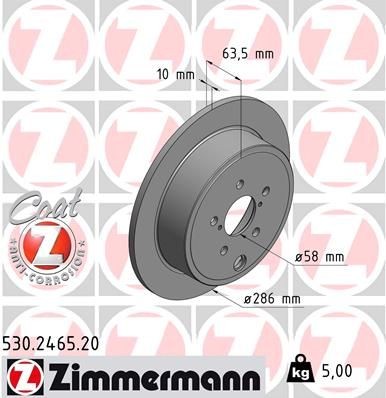 530.2465.20 ZIMMERMANN Brake rotors TOYOTA 286x10mm, 8/5, 5x100, solid, Coated