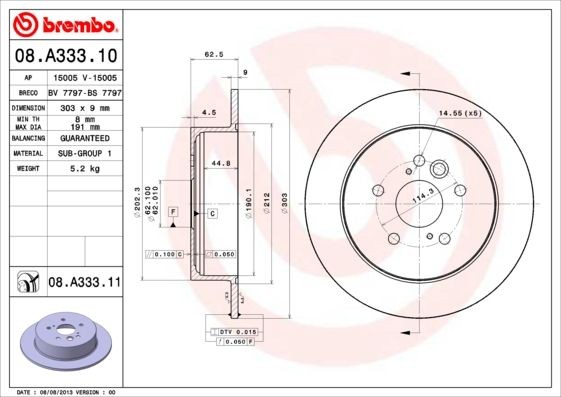 BREMBO 303x9mm, 5, pieno Ø: 303mm, N° fori: 5, Spessore disco freno: 9mm Dischi freno 08.A333.10 acquisto online