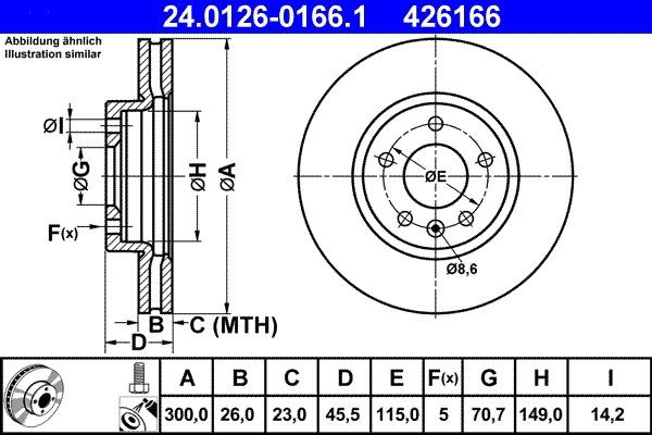 Disco freno 24.0126-0166.1 ATE 300,0x26,0mm, 5x115,0, ventilato, rivestito, ad alto tenore di carbonio, con bulloni/viti