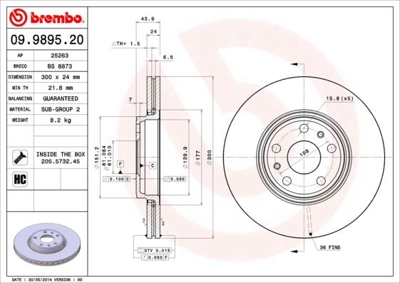 BREMBO 300x24mm, 5, internally vented, High-carbon Ø: 300mm, Num. of holes: 5, Brake Disc Thickness: 24mm Brake rotor 09.9895.20 buy