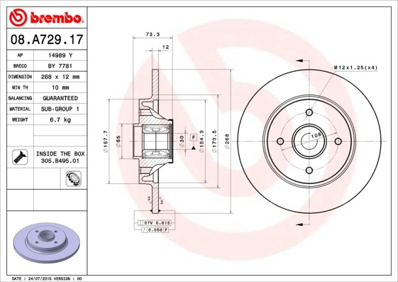 BREMBO 08.A729.17 Dischi freno Pieno, con anello sensore ABS, con kit cuscinetto ruota Citroen di qualità originale