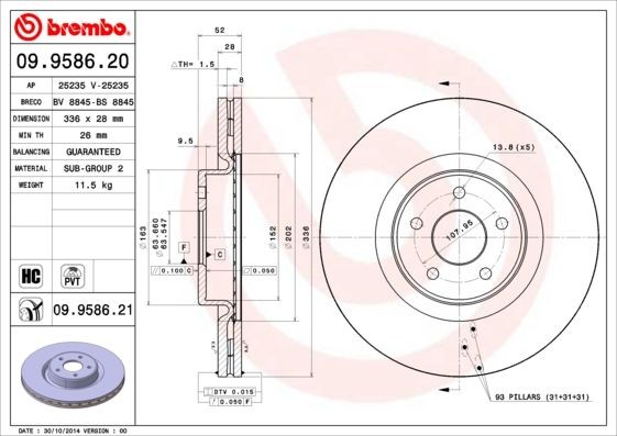 BREMBO COATED DISC LINE 09.9586.21 Brake disc 336x28mm, 5, internally vented, Coated, High-carbon