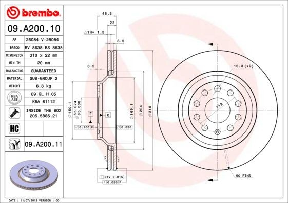 09.A200.11 Brake discs 09.A200.11 BREMBO 310x22mm, 5, internally vented, Coated, High-carbon