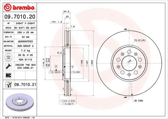 09.7010.21 Brake discs 09.7010.21 BREMBO 288x25mm, 5, internally vented, Coated, High-carbon