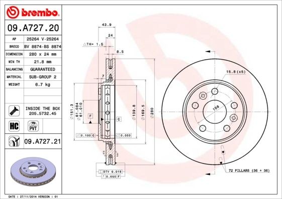 BREMBO 280x24mm, 5, internally vented, High-carbon Ø: 280mm, Num. of holes: 5, Brake Disc Thickness: 24mm Brake rotor 09.A727.20 buy