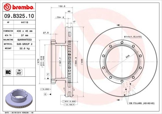 BREMBO 09.B325.10 Bremsscheibe für MERCEDES-BENZ AXOR LKW in Original Qualität