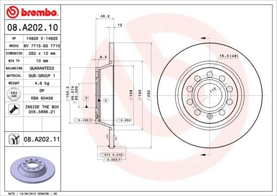 BREMBO 08.A202.11 Brake rotor 282x12mm, 5, solid, Coated