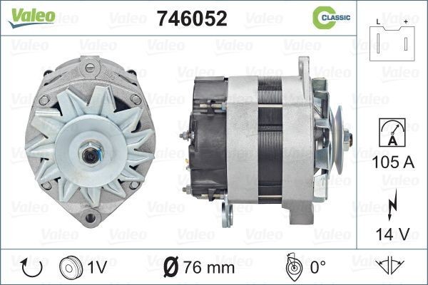 A14N73 VALEO 14V, 105A, L/R, Ø 76 mm, with integrated regulator, REMANUFACTURED CLASSIC Number of ribs: 1 Generator 746052 buy