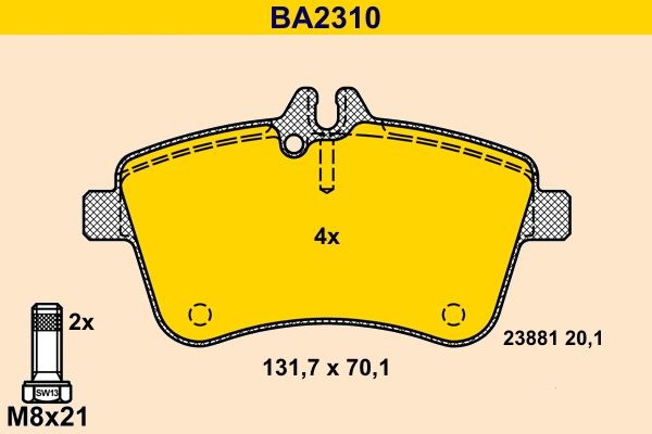 23881 Barum prepared for wear indicator, excl. wear warning contact, with brake caliper screws Height: 70,1mm, Width: 131,7mm, Thickness: 20,1mm Brake pads BA2310 buy