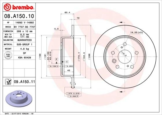 BREMBO COATED DISC LINE 08.A150.11 Brake disc 288x10mm, 5, solid, Coated