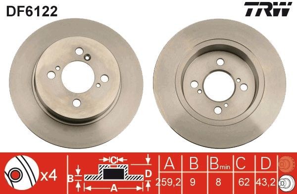 TRW DF6122 Brake disc 259x9mm, 4x100, solid, Painted