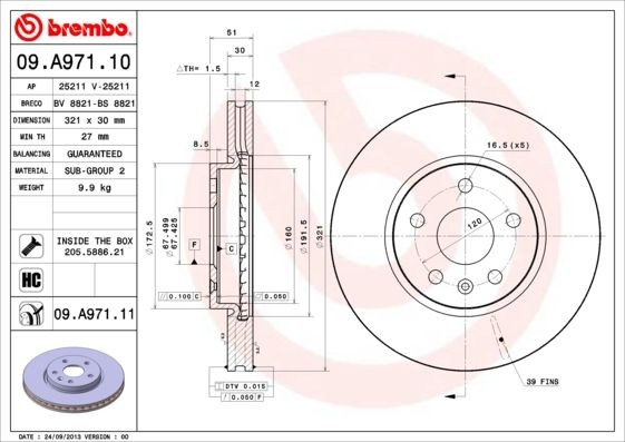 BREMBO 321x30mm, 5, internally vented, High-carbon Ø: 321mm, Num. of holes: 5, Brake Disc Thickness: 30mm Brake rotor 09.A971.10 buy