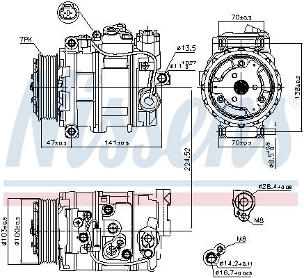 NISSENS 89090 Air conditioner compressor 7SEU17C, 12V, PAG 46, R 134a