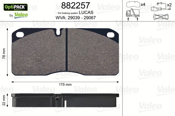 29039 VALEO OPTIPACK, excl. wear warning contact, without bolts/screws Height: 78mm, Width: 175mm, Thickness: 22mm Brake pads 882257 buy