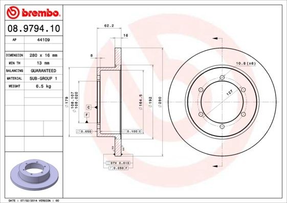 BREMBO 280x16mm, 6, solid Ø: 280mm, Num. of holes: 6, Brake Disc Thickness: 16mm Brake rotor 08.9794.10 buy