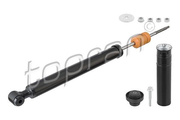Struts TOPRAN Rear Axle Left, Rear Axle Right, Gas Pressure, Absorber does not carry a spring, Bottom eye, Top pin, with rubber mount, with nut, with protector pipe - 401 982