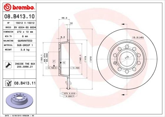 BREMBO 272x10mm, 5, solid Ø: 272mm, Num. of holes: 5, Brake Disc Thickness: 10mm Brake rotor 08.B413.10 buy
