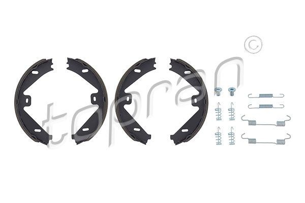 TOPRAN 407 762 Handbrake shoes Rear Axle, with fastening material, with brake pads, with mounting manual, with E quality seal