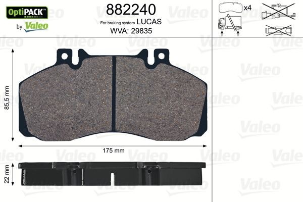VALEO 882240 Brake pad set OPTIPACK, Front Axle, Rear Axle, excl. wear warning contact, without bolts/screws