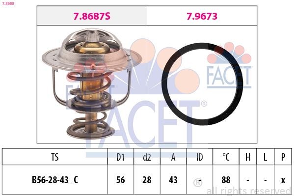 EPS 1.880.688 FACET Opening Temperature: 88°C, 56mm, Made in Italy - OE Equivalent, with seal D1: 56mm Thermostat, coolant 7.8688 buy