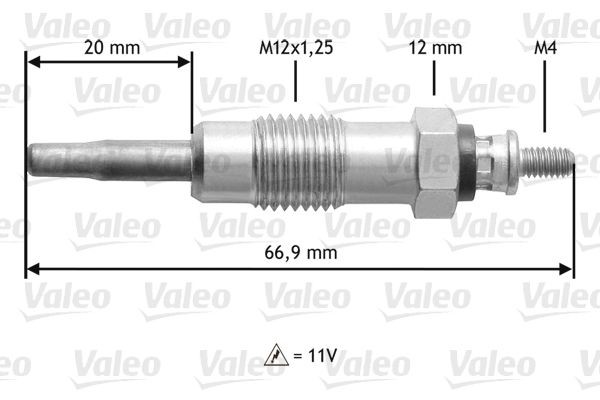 VALEO 345111 Glow plug 11V M12X1,25, 66,9 mm, 22 Nm