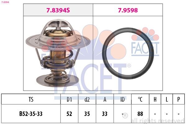 FACET 7.8394 Engine thermostat Opening Temperature: 88°C, 52mm, Made in Italy - OE Equivalent, with seal