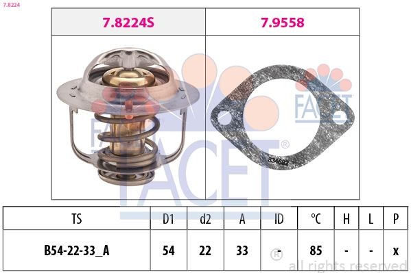 7.8224 FACET Coolant thermostat HONDA Opening Temperature: 85°C, 54mm, Made in Italy - OE Equivalent, with seal