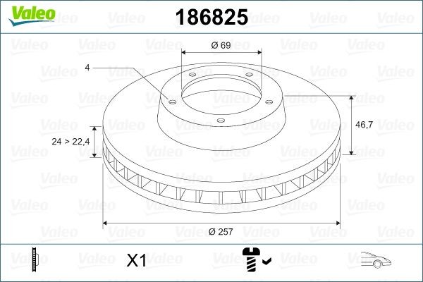VALEO Front Axle, 257x24mm, 4, Vented Ø: 257mm, Rim: 4-Hole, Brake Disc Thickness: 24mm Brake rotor 186825 buy