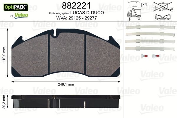 29125 VALEO OPTIPACK, excl. wear warning contact, with bolts/screws Height: 110,9mm, Width: 249mm, Thickness: 29,3mm Brake pads 882221 buy