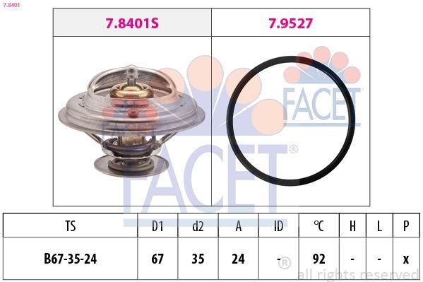 FACET 7.8401 Engine thermostat Opening Temperature: 92°C, 67mm, Made in Italy - OE Equivalent