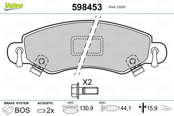 VALEO 598453 Brake pad set Front Axle, incl. wear warning contact, with bolts/screws, without anti-squeak plate