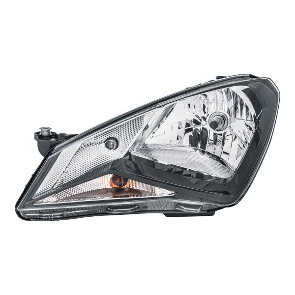 1EJ 010 671-011 HELLA Headlight SEAT Left, H4, W21/5W, PY21W, Halogen, 12V, with high beam, with indicator, with daytime running light, with position light, with low beam, for right-hand traffic, with motor for headlamp levelling, without bulbs