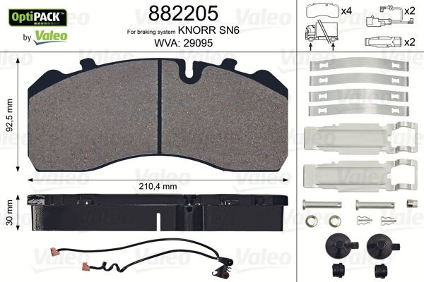29095 VALEO OPTIPACK, incl. wear warning contact, with integrated wear warning contact, without bolts/screws Height: 92,5mm, Width: 210mm, Thickness: 30mm Brake pads 882205 buy