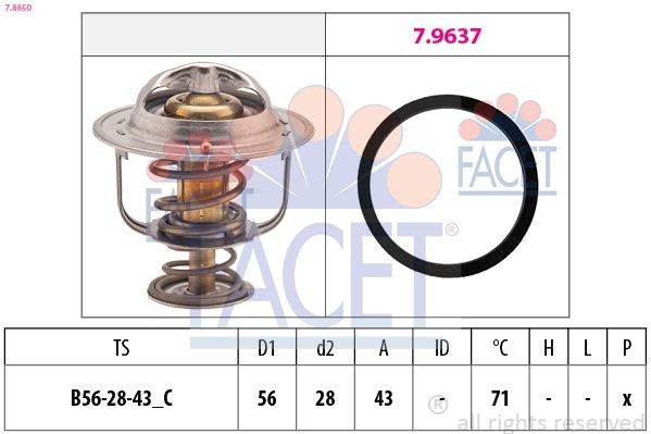 7.8650 FACET Coolant thermostat RENAULT Opening Temperature: 71°C, 56mm, Made in Italy - OE Equivalent