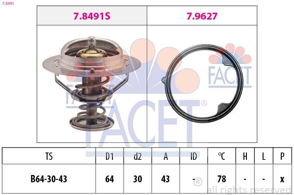 FACET 7.8491 Engine thermostat Opening Temperature: 78°C, 64mm, Made in Italy - OE Equivalent, with seal