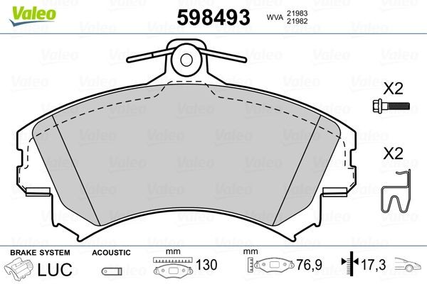 598493 VALEO Brake pad set SMART Front Axle, incl. wear warning contact, with bolts/screws, without anti-squeak plate