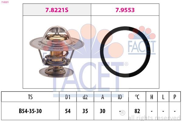 FACET 7.8221 Engine thermostat Opening Temperature: 82°C, 54mm, Made in Italy - OE Equivalent, with seal