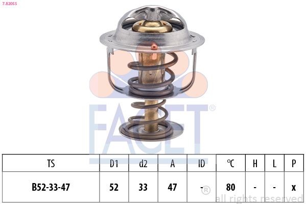 7.8205S FACET Coolant thermostat DAIHATSU Opening Temperature: 80°C, 52mm, Made in Italy - OE Equivalent, without gasket/seal
