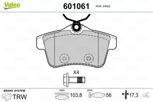 VALEO Rear Axle, excl. wear warning contact, with bolts/screws, with anti-squeak plate Height: 56mm, Width: 104mm, Thickness: 17,3mm Brake pads 601061 buy