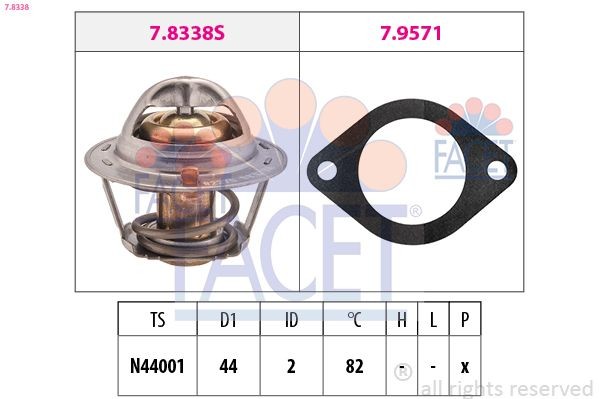 FACET 7.8338 Engine thermostat Opening Temperature: 82°C, 44mm, Made in Italy - OE Equivalent, with seal