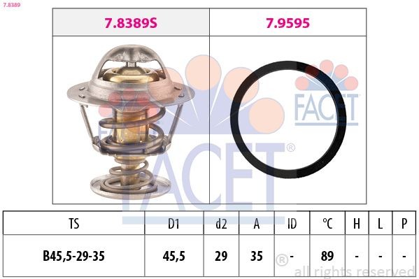 EPS 1.880.389 FACET Opening Temperature: 89°C, 45,5mm, Made in Italy - OE Equivalent, with seal D1: 45,5mm Thermostat, coolant 7.8389 buy