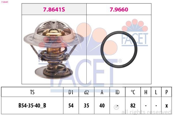 FACET 7.8641 Engine thermostat Opening Temperature: 82°C, 54mm, Made in Italy - OE Equivalent, with seal, without housing