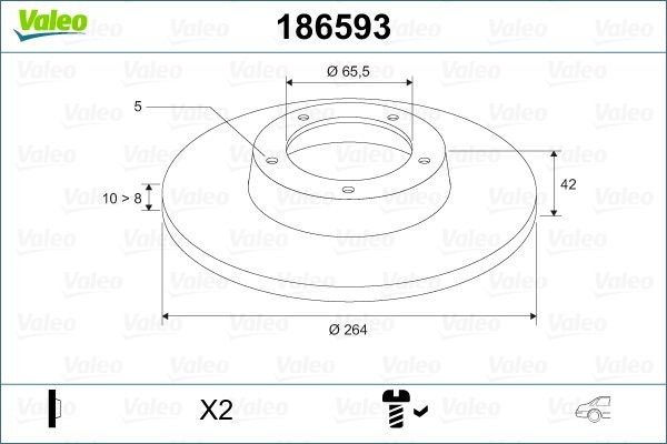 VALEO 186593 Brake disc Rear Axle, 264x10mm, 5, solid