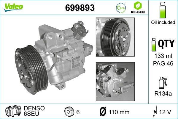 VALEO 699893 Air conditioning compressor CVC, 12V, PAG 46, R 134a, with PAG compressor oil, REMANUFACTURED