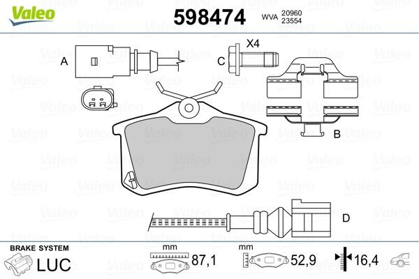 Pasticche 598474 VALEO Assale posteriore, senza contatto segnalazione usura, con kit bulloni di sicurezza, senza lamierino anticigolío