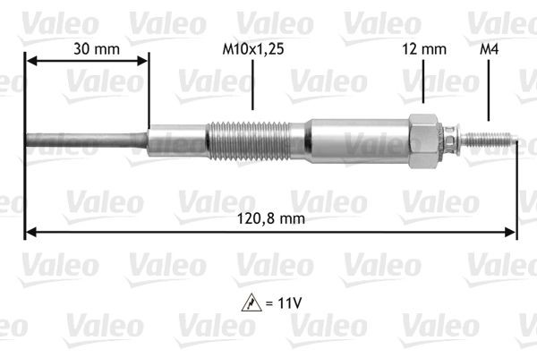 Glow plugs VALEO 11V M10X1.25, 120,8 mm, 18 Nm - 345173